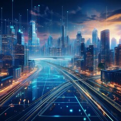 Fototapeta premium Ville futuristes avec des éléments d’intelligence artificielle, de robotique, ou de big data