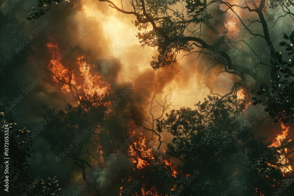 Poster a forest on fire with flames engulfing the tree trunks, a dramatic and intense scene