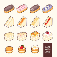 This image features an array of sweet treats, including eclairs, fruit-filled sandwiches, and layered cakes topped with fruits and cream. Each item is charmingly decorated, making the desserts look in