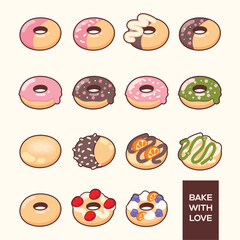 Donuts each topped with different glazes, sprinkles, and fruits like oranges and strawberries. The designs range from simple glazes to more elaborate toppings, creating a playful, sweet look.