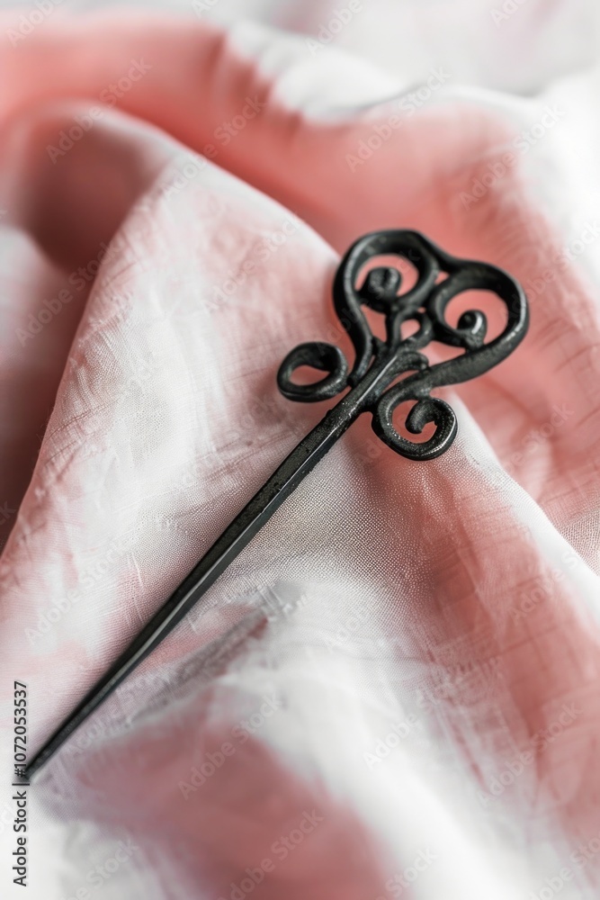 Poster a pair of scissors resting on a pink fabric, suitable for craft or design projects