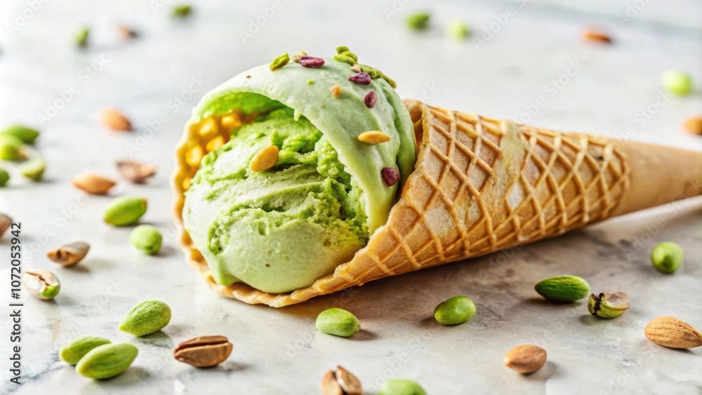 Poster a single scoop of pistachio ice cream sits in a crispy waffle cone, surrounded by scattered pistachi