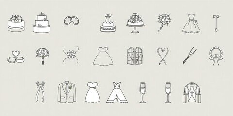 A collection of elegant wedding-themed line icons featuring rings, cake, bouquet, dress, tuxedo, lovebirds, champagne, venue, and more, wedding, collection