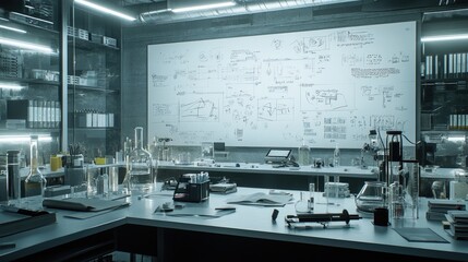 A laboratory with a large whiteboard covered in scientific diagrams and formulas.