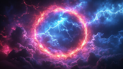 Obraz premium captivating abstract background featuring a neon-lit circle glowing vibrantly against a dark backdrop. The vivid colors and luminescent design evoke futuristic themes and symbolize infinity and innova