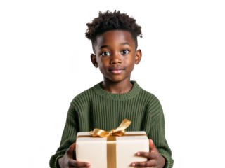 Portrait of a curious young boy holding a large present, isolated on transparent background