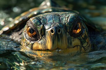 A close-up view of a turtle's face submerged in water, ready for a underwater adventure