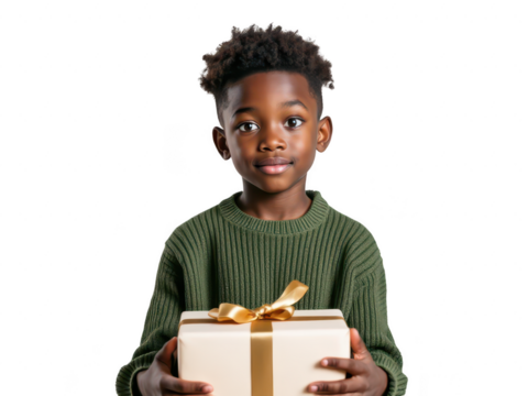 Portrait of a curious young boy holding a large present, isolated on transparent background