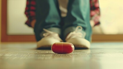 A person sits on the floor beside a red object, possibly a decorative item or gift