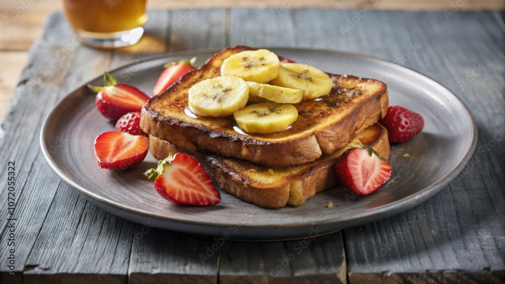 Poster a close-up of delicious french toast topped with sliced bananas and fresh strawberries on a rustic w