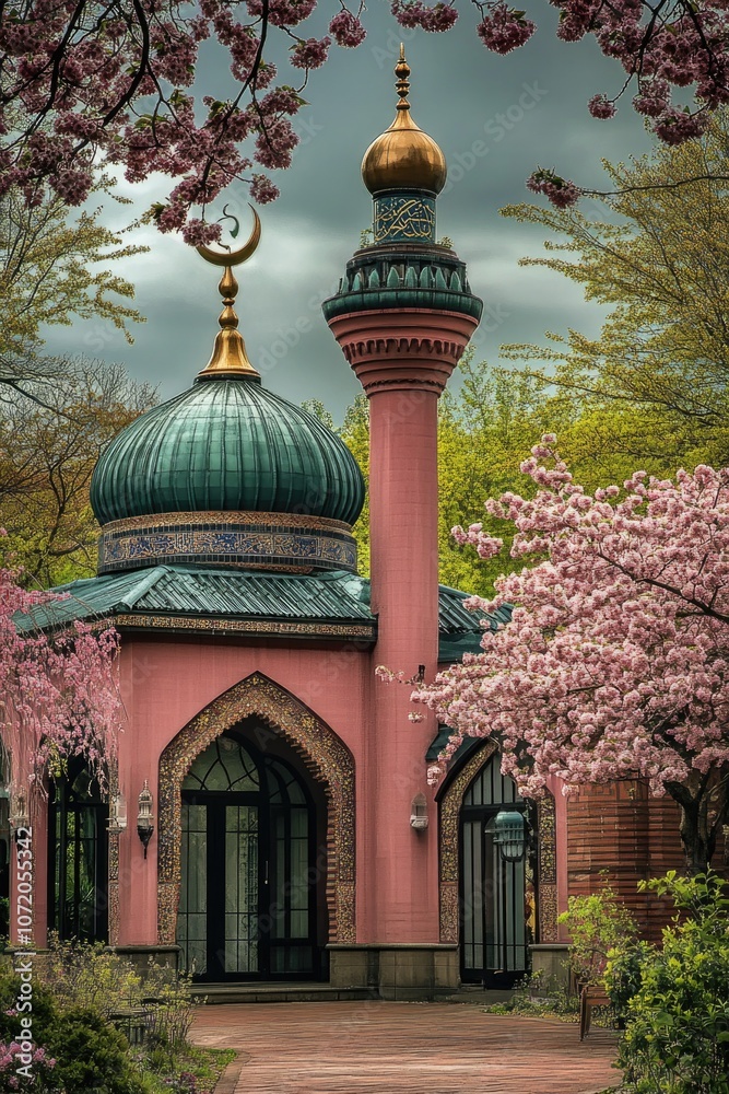 Poster a colorful architecture landmark with a prominent clock tower and green dome, ideal for use in trave