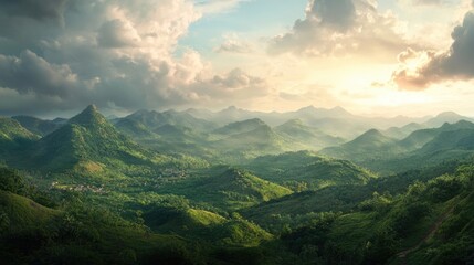 Fototapeta premium A stunning view of a mountain range, with fluffy clouds in the sky and a small village nestled in the valley. The mountains are lush green and the air is clear and fresh.