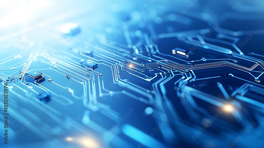 Poster A close-up view of a blue circuit board, showcasing intricate pathways and electronic components in a digital design.