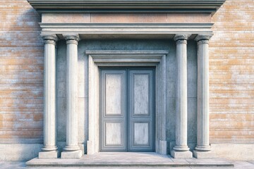 A traditional-style entrance with columns leading up to a brick building, suitable for architectural or historical settings