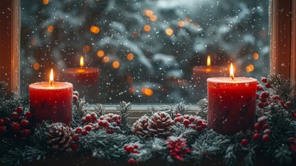 Cozy Red Candle Arrangement on Frosted Window with Snow and Pinecones - Winter Holiday Scene