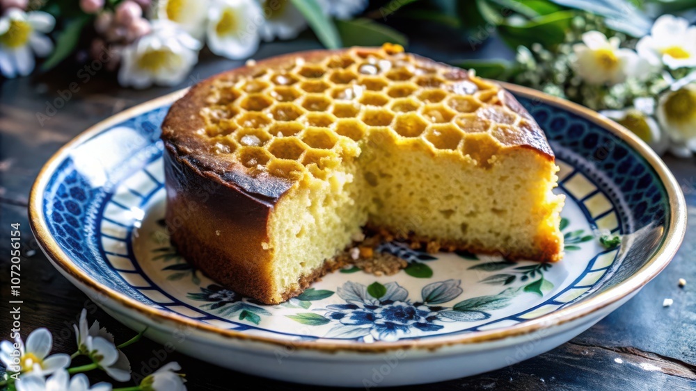 Poster a slice of honey cake with a honeycomb pattern on top, resting on a beautiful blue and white floral 