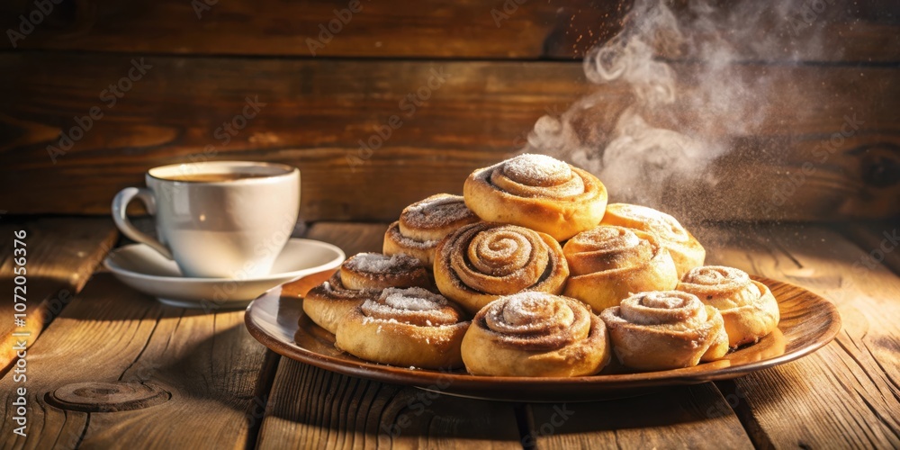 Poster a plate of freshly baked cinnamon rolls dusted with powdered sugar and a steaming cup of coffee on a