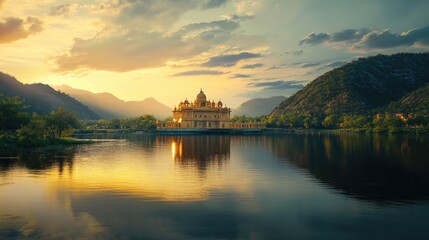 Fototapeta premium A serene sunset over a calm lake with a majestic building on an island and mountains in the background.
