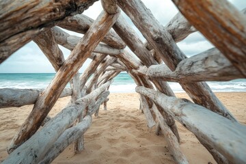 A wooden pier on a beach with the ocean in the background, perfect for a summer vacation or a relaxing getaway