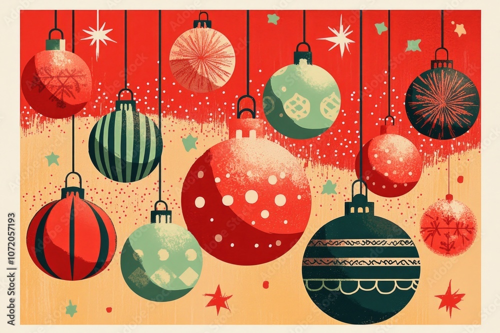 Poster a collection of christmas ornaments hanging from strings in a festive atmosphere