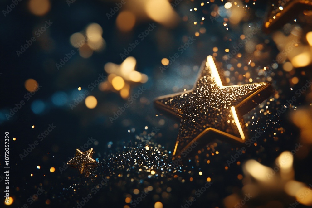 Poster a single gold star is surrounded by multiple shiny stars in a dark or nighttime background