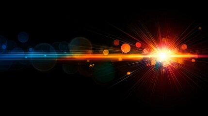 Fototapeta premium A vibrant burst of light with colorful lens flares and glowing lines against a dark background, ideal for digital design and creative projects.