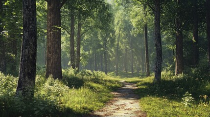 Fototapeta premium A winding path through a lush forest, bathed in soft sunlight.