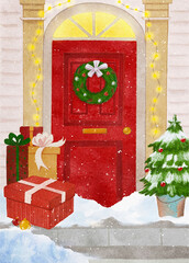 Hand drawn digital winter view, christmas holiday decorative red door, illustration for postcard