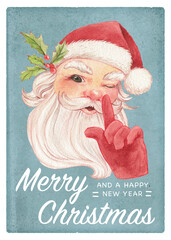 Happy new year and Merry Christmas greeting card template with Santa Claus character in watercolour, retro style