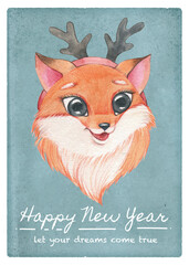 Happy new year and Merry Christmas greeting card template with cute fox character in watercolour