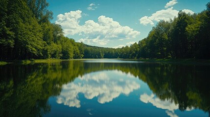 Serene lake surrounded by lush green trees, reflecting a beautiful blue sky and fluffy white clouds.