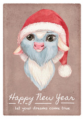 Christmas card design with cute cow or reindeer baby in Santa hat and winter greetings, happy new year
