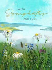 With sympathy and love, postcard template, landscape with flowers and river