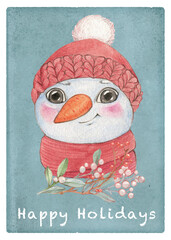 Christmas card design with cute snowman and winter plants and berries