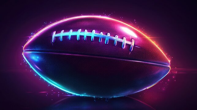 A glowing American football on a dark purple background with neon blue and pink light effects.
