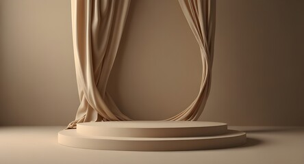 3D podium beige background silk cloth luxury display scene. Beige gold podium mockup platform fabric cosmetic presentation pedestal. Minimalist 3D modern design display stage template