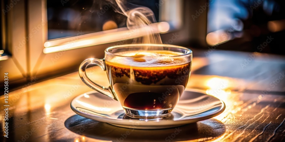Poster A single cup of coffee steaming on a saucer in the warm glow of sunlight filtering through a window
