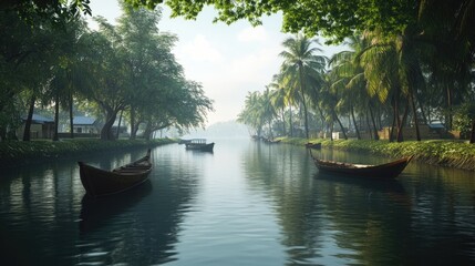 A tranquil canal lined with lush palm trees and traditional boats. The morning mist adds a sense of serenity to the scene.
