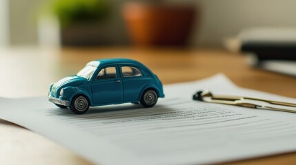 Car and policy forms on desk, [Auto insurance plan setup], [Vehicle coverage start] 