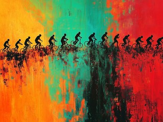 Obraz premium Silhouette of people on bicycles, two-wheeled sports. Sports activity, poster and art. Ai generative