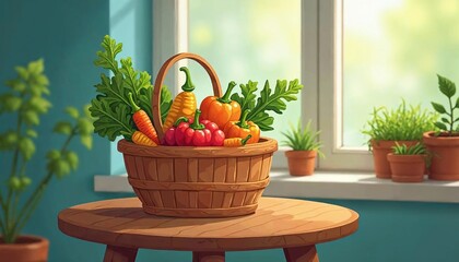 Charming Cartoon Style, Farm-Fresh Vegetables in a Basket