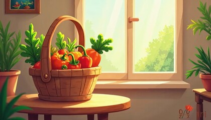 Charming Cartoon Style, Farm-Fresh Vegetables in a Basket