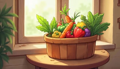 Charming Cartoon Style, Farm-Fresh Vegetables in a Basket