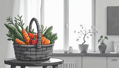 Charming Cartoon Style, Farm-Fresh Vegetables in a Basket