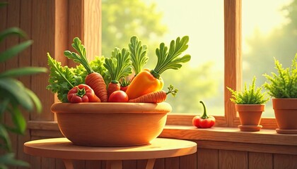 Charming Cartoon Style, Farm-Fresh Vegetables in a Basket