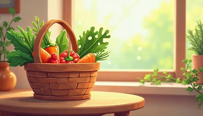 Charming Cartoon Style, Farm-Fresh Vegetables in a Basket