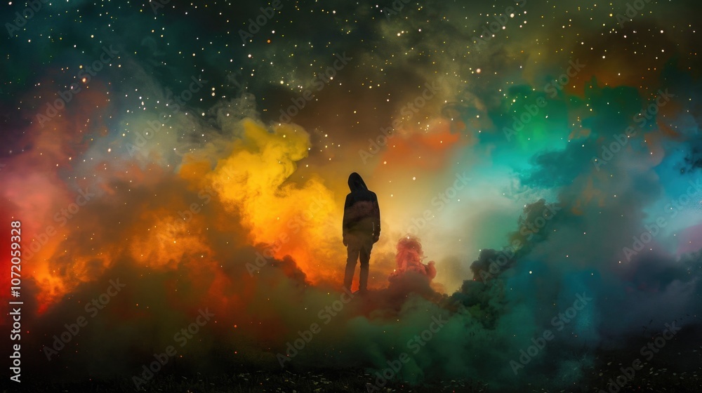 Poster a person standing in the middle of a cloudy sky, with soft and white clouds surrounding them