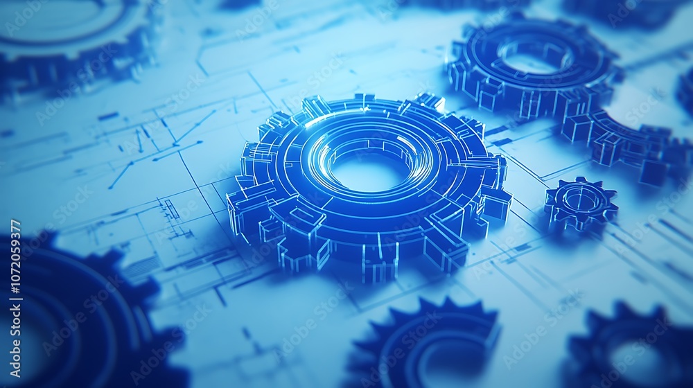 Poster a close-up of intricate blue mechanical gears set against a digital circuit background, symbolizing 