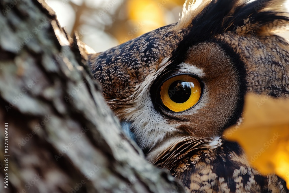 Poster close-up view of an owl's eye with a tree in the background, great for wildlife or nature-themed pro