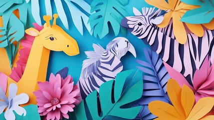 A colorful paper craft featuring a giraffe, zebra, and tropical leaves.